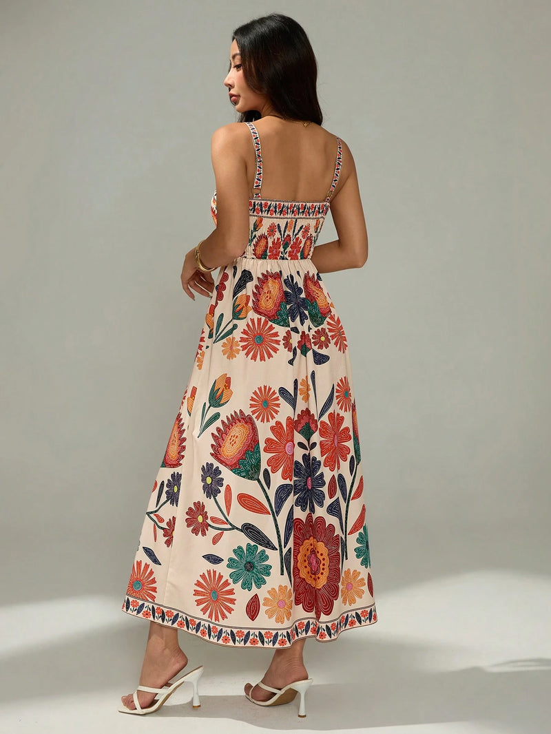 Vestido Casual de Veraneio Floral com Cintura Franzida
