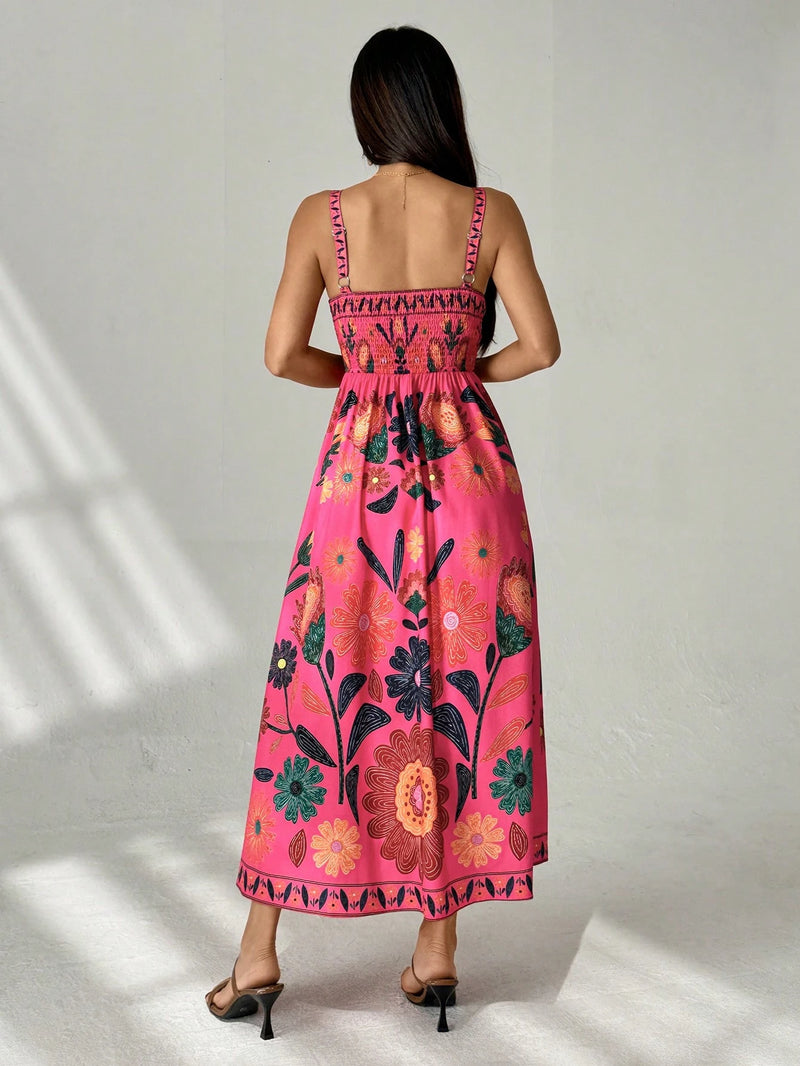 Vestido Casual de Veraneio Floral com Cintura Franzida