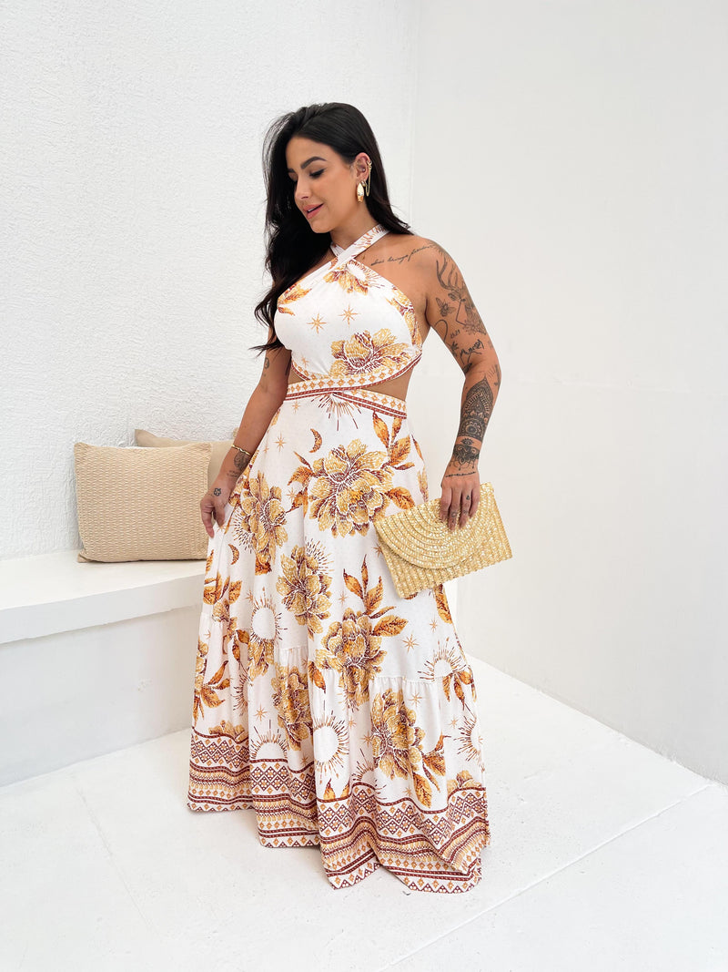 Vestido Longo Gabriela Jardim Dourado